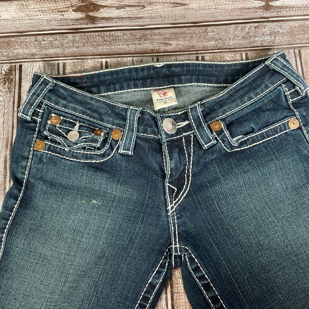 TRUE RELIGION JOEY BIG T TWISTED Women's 28 Bootcut Blue Denim Jeans Flap Pocket - Picture 3 of 8